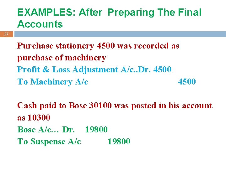 EXAMPLES: After Preparing The Final Accounts 27 Purchase stationery 4500 was recorded as purchase