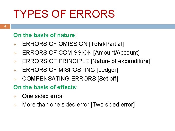TYPES OF ERRORS 4 On the basis of nature: v ERRORS OF OMISSION [Total/Partial]