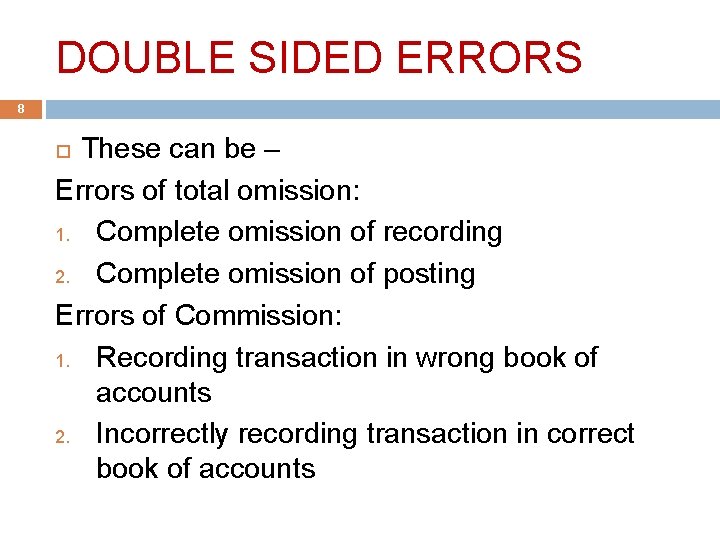 DOUBLE SIDED ERRORS 8 These can be – Errors of total omission: 1. Complete