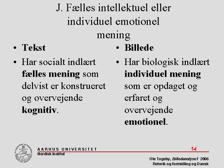 J. Fælles intellektuel eller individuel emotionel mening • Tekst • Har socialt indlært fælles