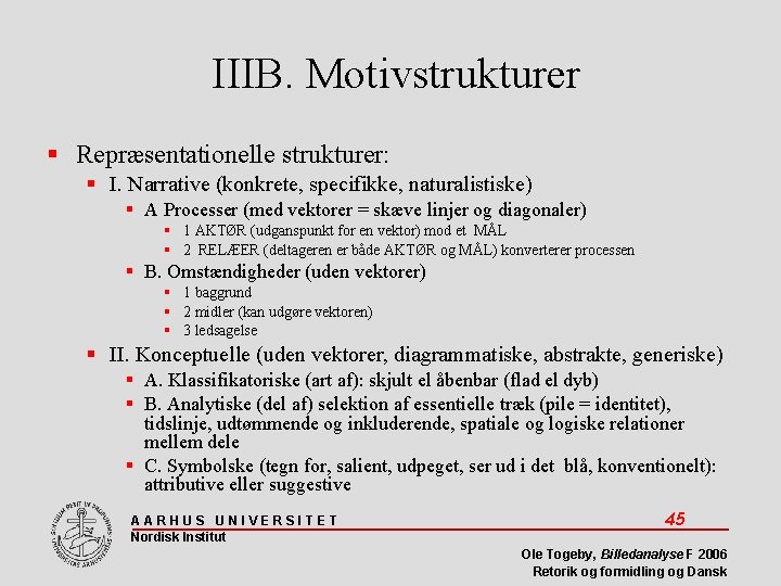 IIIB. Motivstrukturer Repræsentationelle strukturer: I. Narrative (konkrete, specifikke, naturalistiske) A Processer (med vektorer =