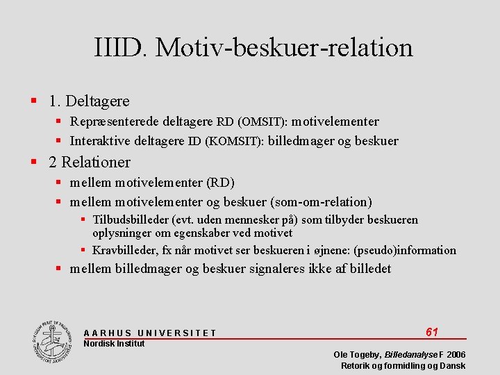 IIID. Motiv-beskuer-relation 1. Deltagere Repræsenterede deltagere RD (OMSIT): motivelementer Interaktive deltagere ID (KOMSIT): billedmager