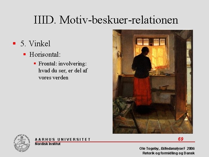 IIID. Motiv-beskuer-relationen 5. Vinkel Horisontal: Frontal: involvering: hvad du ser, er del af vores