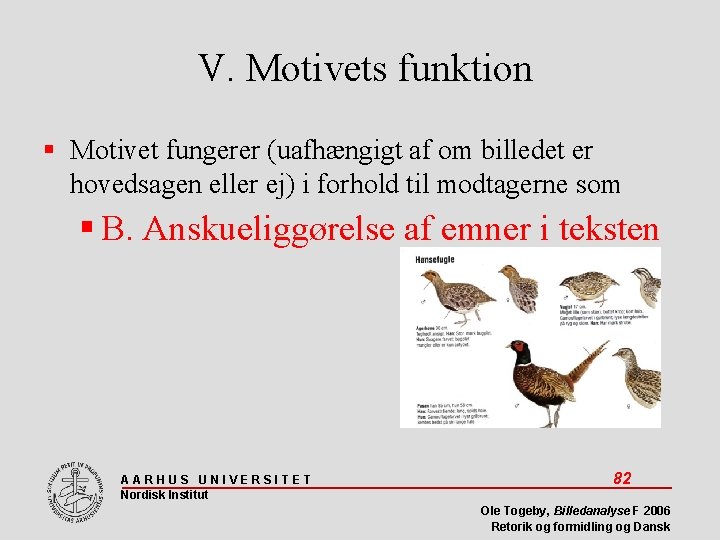 V. Motivets funktion Motivet fungerer (uafhængigt af om billedet er hovedsagen eller ej) i