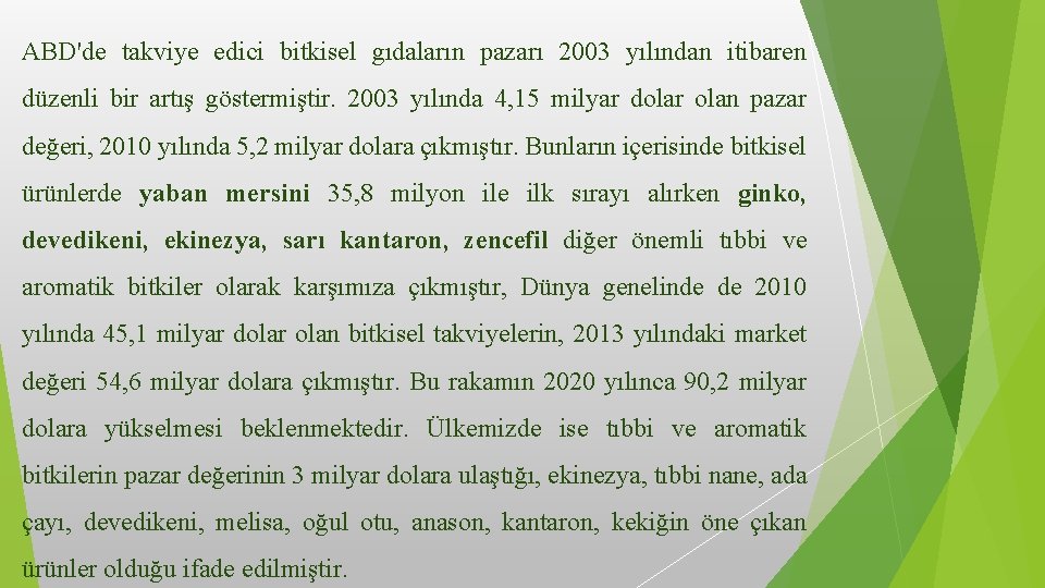 ABD'de takviye edici bitkisel gıdaların pazarı 2003 yılından itibaren düzenli bir artış göstermiştir. 2003