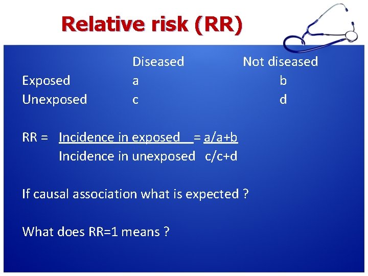 Relative risk (RR) Exposed Unexposed Diseased a c Not diseased b d RR =