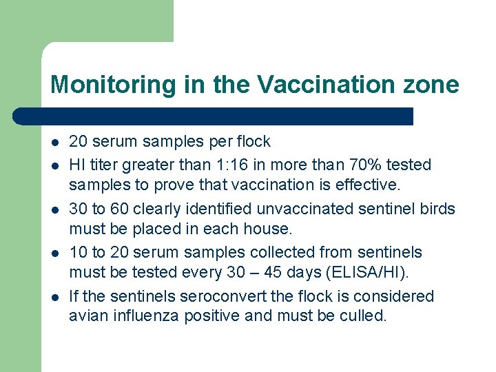Monitoring in the Vaccination zone l l l 20 serum samples per flock HI
