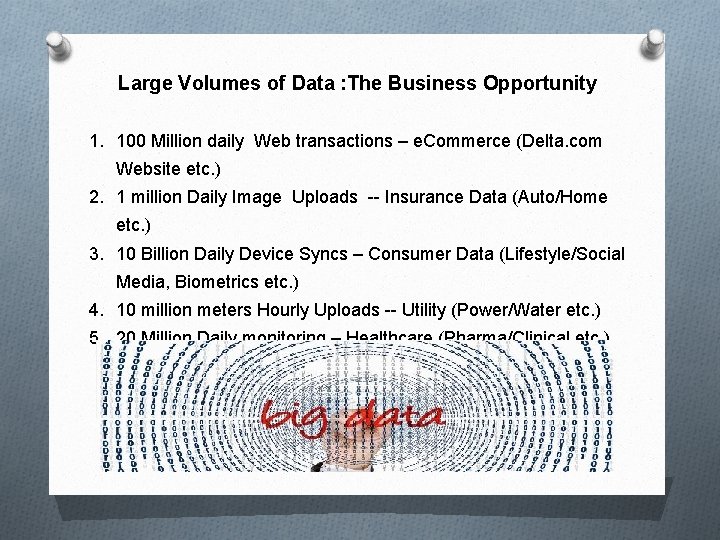 Large Volumes of Data : The Business Opportunity 1. 100 Million daily Web transactions