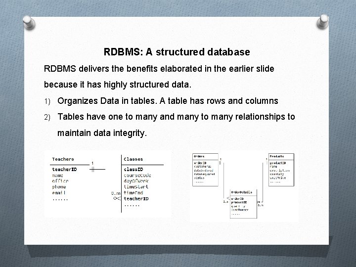 RDBMS: A structured database RDBMS delivers the benefits elaborated in the earlier slide because