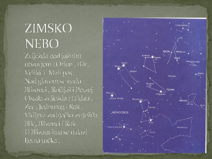 ZIMSKO NEBO Zviježđa nad južnim obzorjem : Orion , Bik , Veliki i Mali