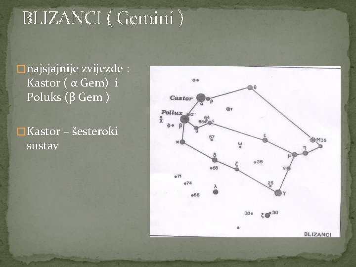 BLIZANCI ( Gemini ) � najsjajnije zvijezde : Kastor ( α Gem) i Poluks