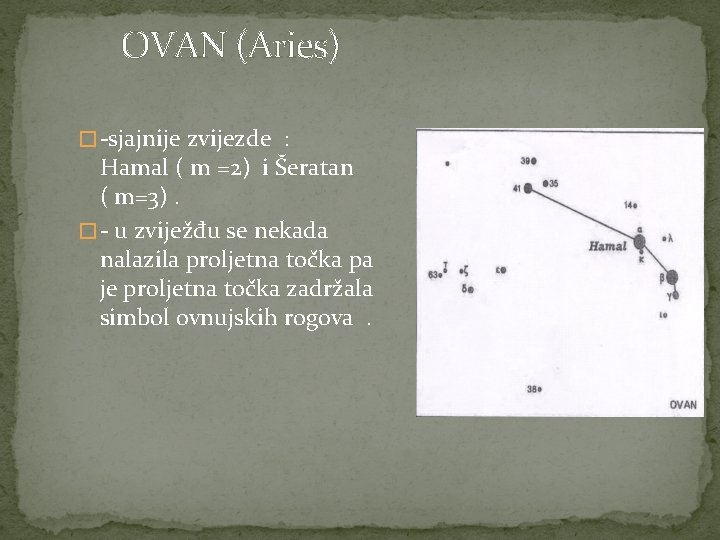 OVAN (Aries) � -sjajnije zvijezde : Hamal ( m =2) i Šeratan ( m=3).