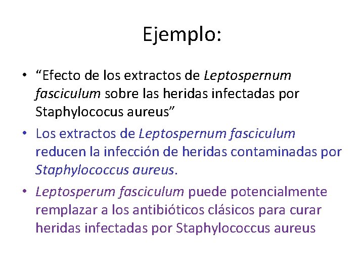Ejemplo: • “Efecto de los extractos de Leptospernum fasciculum sobre las heridas infectadas por