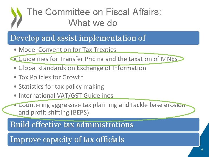 The Committee on Fiscal Affairs: What we do Develop and assist implementation of •