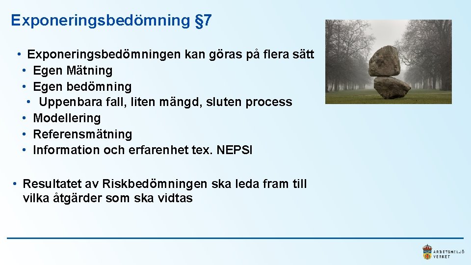 Exponeringsbedömning § 7 • Exponeringsbedömningen kan göras på flera sätt • Egen Mätning •