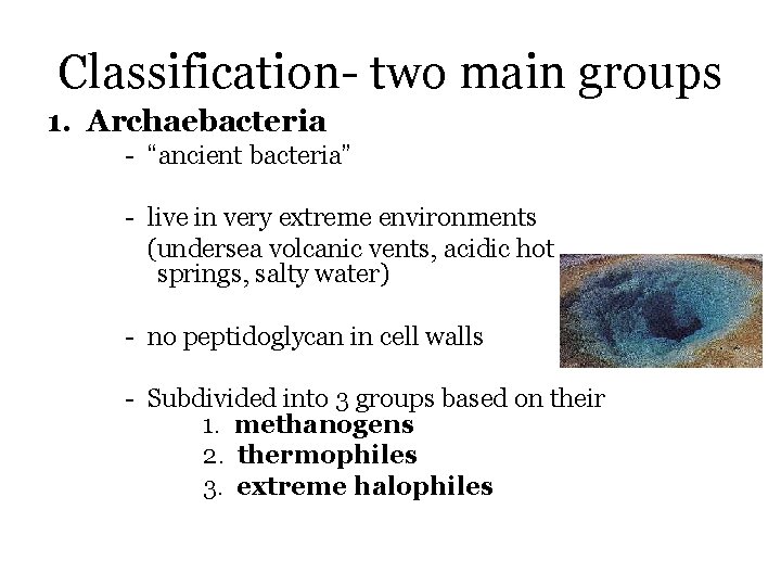 Classification- two main groups 1. Archaebacteria - “ancient bacteria” - live in very extreme