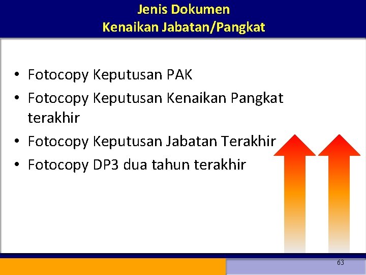 Jenis Dokumen Kenaikan Jabatan/Pangkat • Fotocopy Keputusan PAK • Fotocopy Keputusan Kenaikan Pangkat terakhir