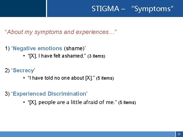 STIGMA – “Symptoms” “About my symptoms and experiences…” 1) ‘Negative emotions (shame)’ • “[X],