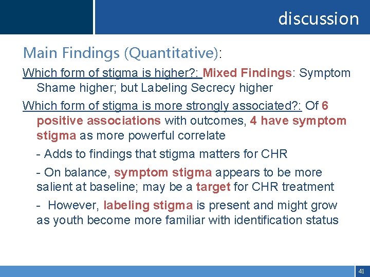discussion Main Findings (Quantitative): Which form of stigma is higher? : Mixed Findings: Symptom