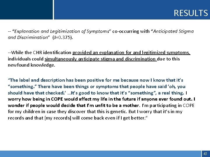RESULTS -- “Explanation and Legitimization of Symptoms” co-occurring with “Anticipated Stigma and Discrimination” (J=0.