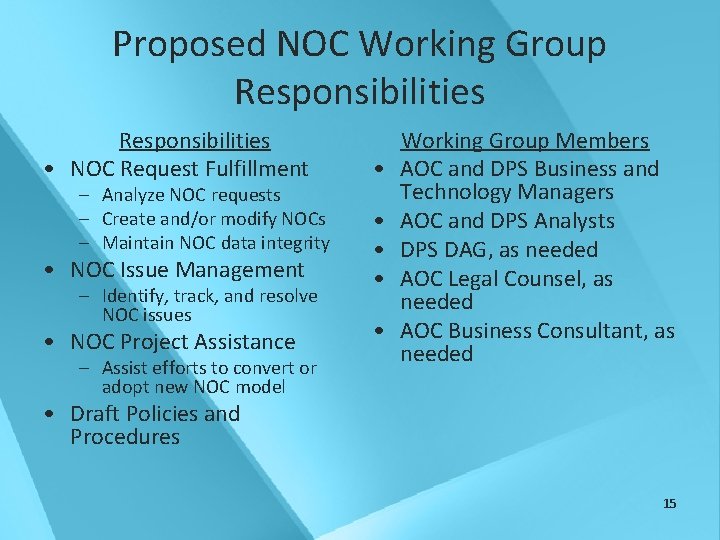 Proposed NOC Working Group Responsibilities • NOC Request Fulfillment • • NOC Issue Management