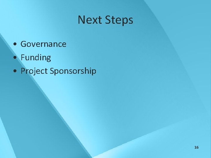 Next Steps • Governance • Funding • Project Sponsorship 16 