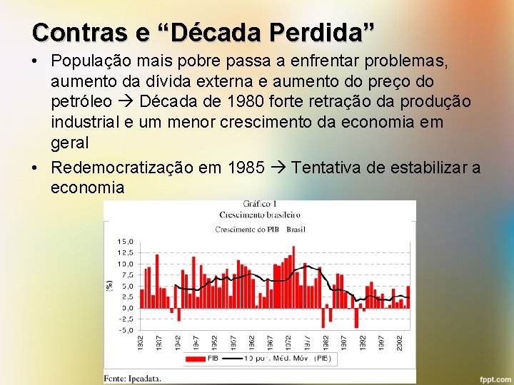 Contras e “Década Perdida” • População mais pobre passa a enfrentar problemas, aumento da