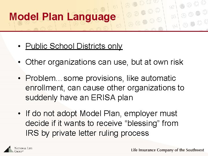 Model Plan Language • Public School Districts only • Other organizations can use, but