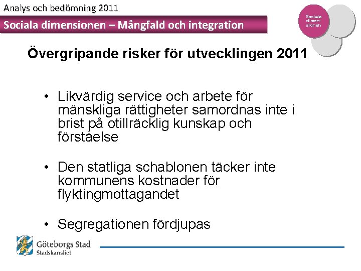 Analys och bedömning 2011 Sociala dimensionen – Mångfald och integration Sociala dimensionen Övergripande risker