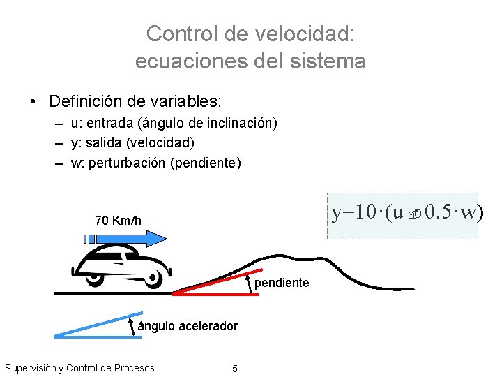 Control de velocidad: ecuaciones del sistema • Definición de variables: – u: entrada (ángulo
