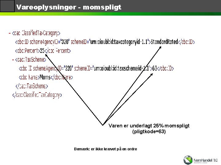 Vareoplysninger - momspligt Varen er underlagt 25% momspligt (pligtkode=63) Bemærk: er ikke krævet på