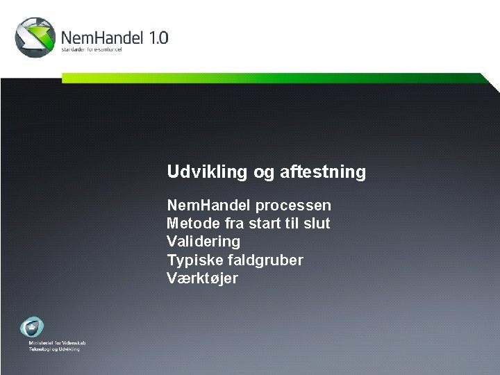 Udvikling og aftestning Nem. Handel processen Metode fra start til slut Validering Typiske faldgruber