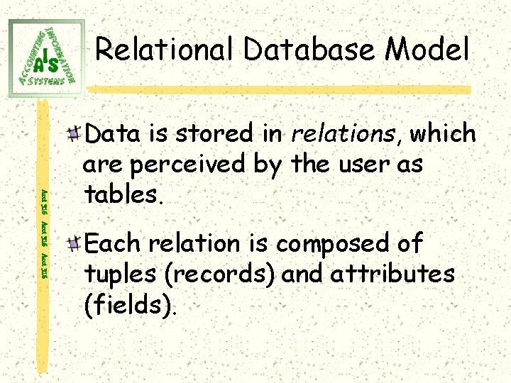 Relational Database Model Acct 316 Data is stored in relations, which are perceived by