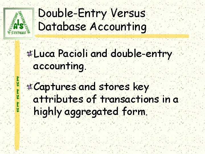 Double-Entry Versus Database Accounting Luca Pacioli and double-entry accounting. Acct 316 Captures and stores