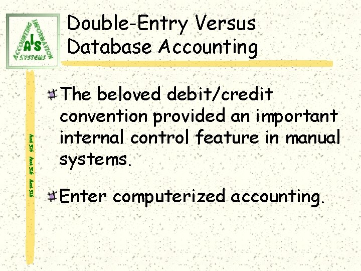 Double-Entry Versus Database Accounting Acct 316 The beloved debit/credit convention provided an important internal