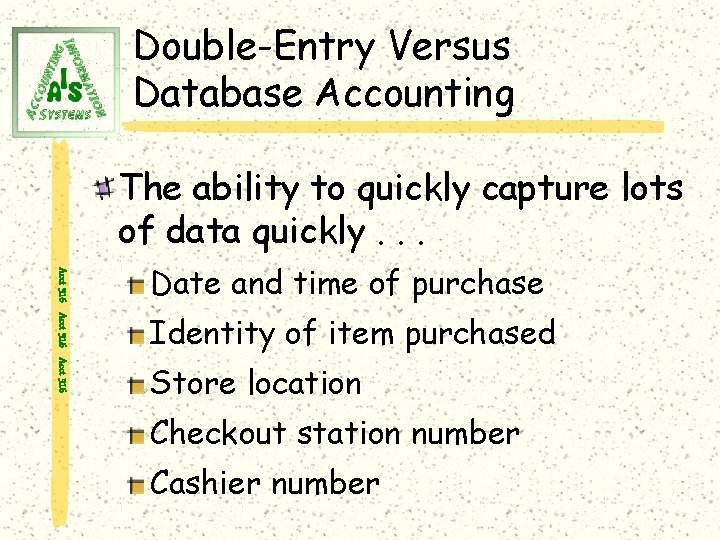 Double-Entry Versus Database Accounting The ability to quickly capture lots of data quickly. .