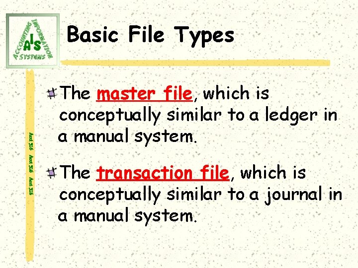 Basic File Types Acct 316 The master file, which is conceptually similar to a