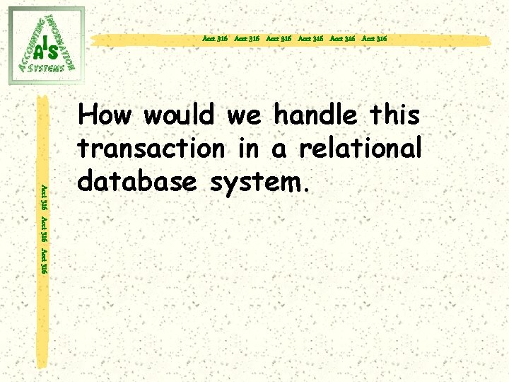 Acct 316 Acct 316 Acct 316 How would we handle this transaction in a