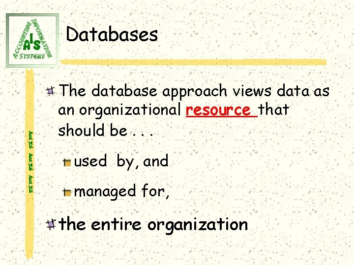 Databases Acct 316 The database approach views data as an organizational resource that should