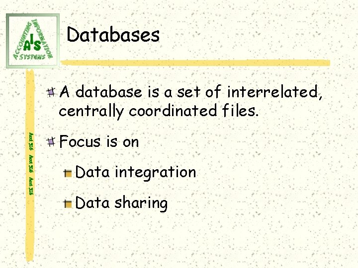 Databases A database is a set of interrelated, centrally coordinated files. Acct 316 Focus