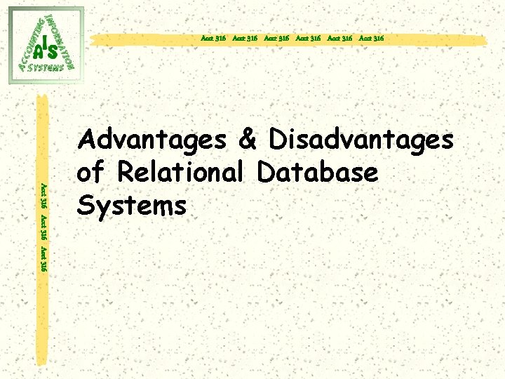 Acct 316 Acct 316 Acct 316 Advantages & Disadvantages of Relational Database Systems 