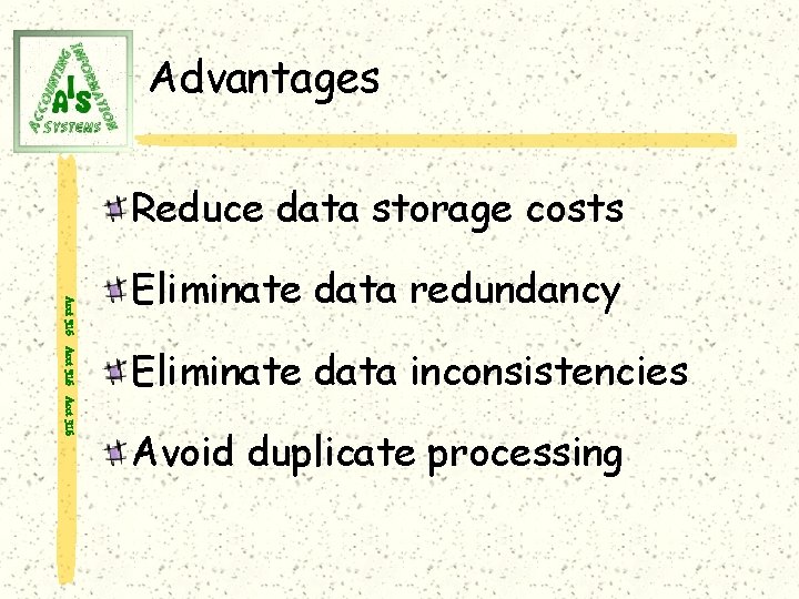 Advantages Reduce data storage costs Acct 316 Eliminate data redundancy Eliminate data inconsistencies Avoid