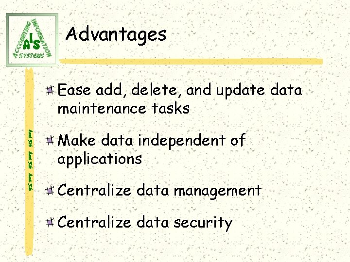 Advantages Ease add, delete, and update data maintenance tasks Acct 316 Make data independent