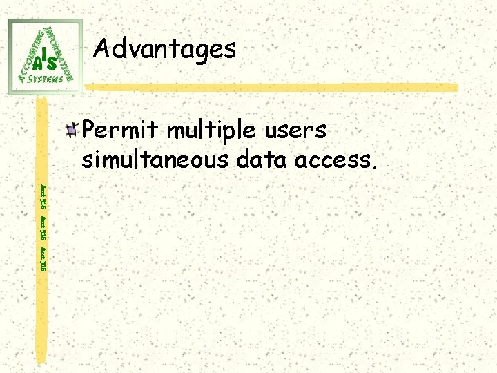 Advantages Permit multiple users simultaneous data access. Acct 316 