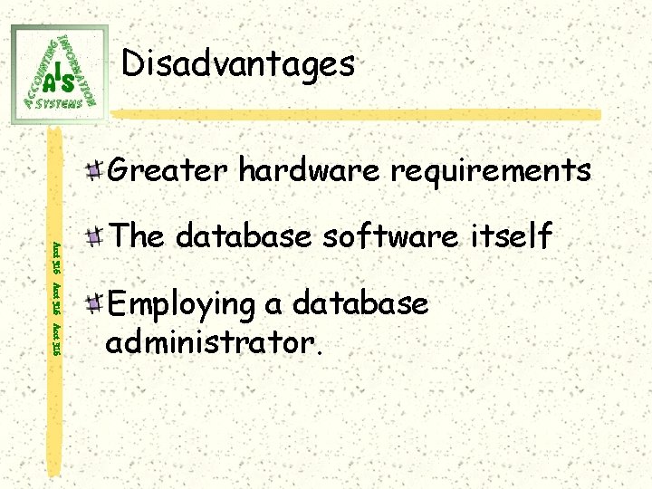 Disadvantages Greater hardware requirements Acct 316 The database software itself Employing a database administrator.