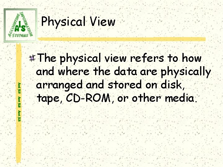 Physical View Acct 316 The physical view refers to how and where the data