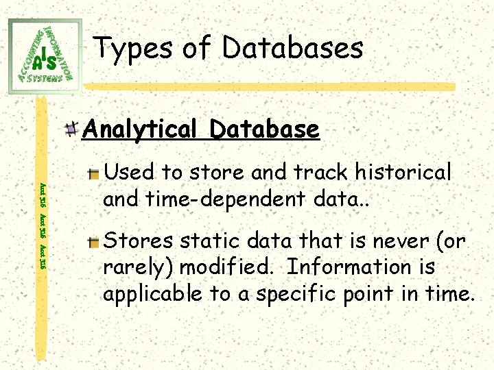 Types of Databases Analytical Database Acct 316 Used to store and track historical and