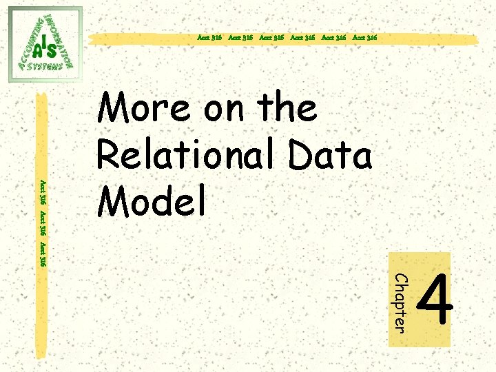Acct 316 Acct 316 Acct 316 More on the Relational Data Model Chapter 4