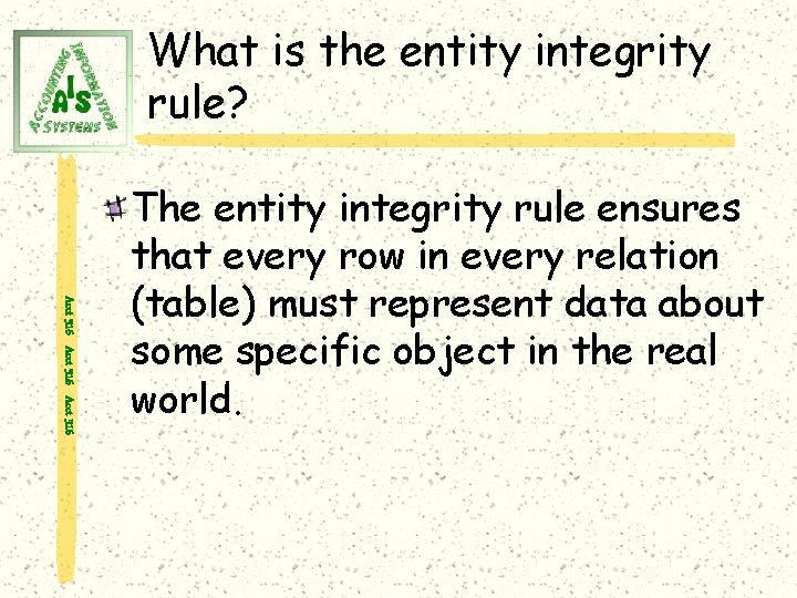 What is the entity integrity rule? Acct 316 The entity integrity rule ensures that