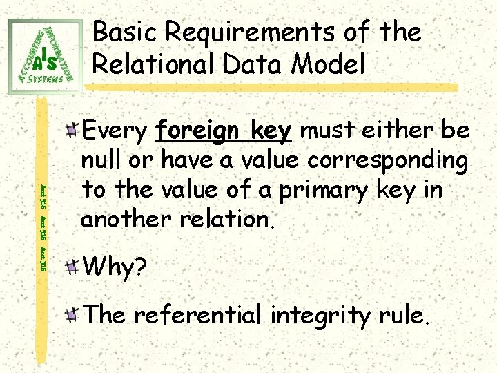 Basic Requirements of the Relational Data Model Acct 316 Every foreign key must either